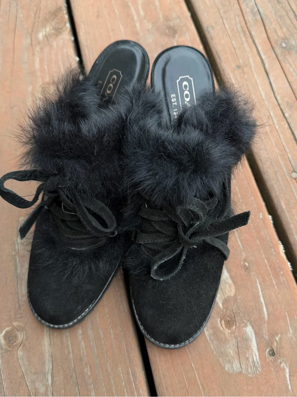 Coach Black Size 7 Fur Suede Lace-Up Mules